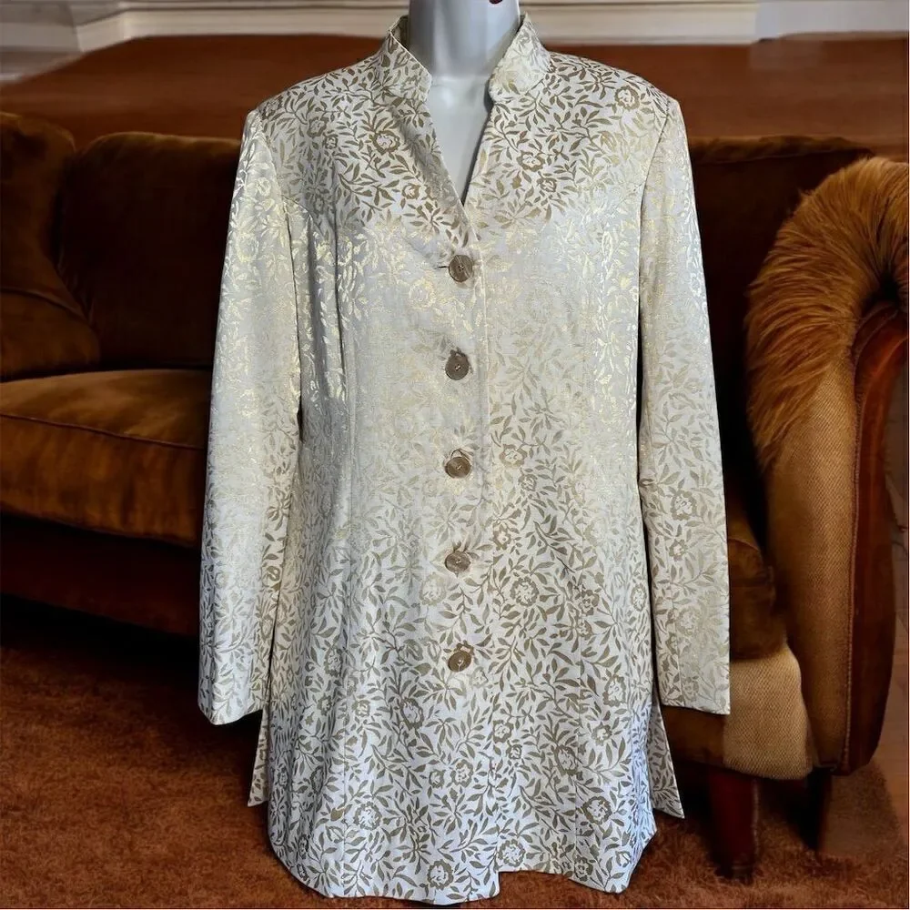 Pendleton Vintage 80's Gold Lame Cream Floral Long Overcoat Button Closure